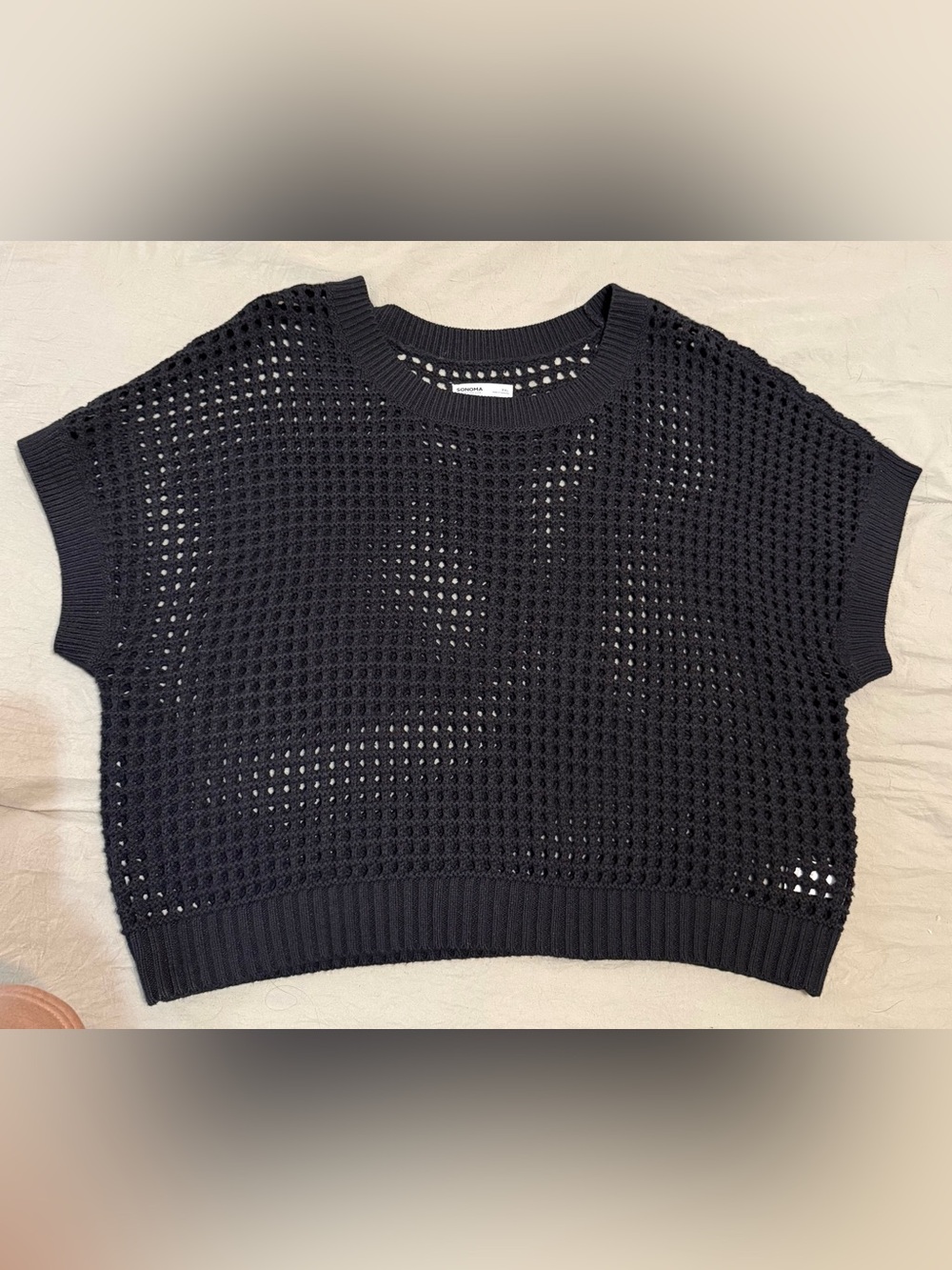 Sonoma Black Open-Knit Short Sleeve Sweater Shell